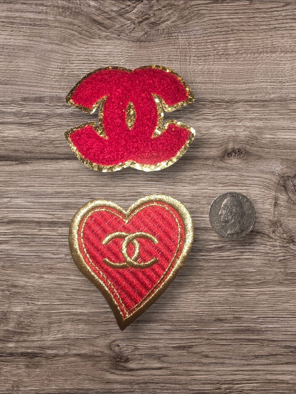 Luxury Fashion Iron on Patches  Heart Sequins 2pc set Reg & Gold